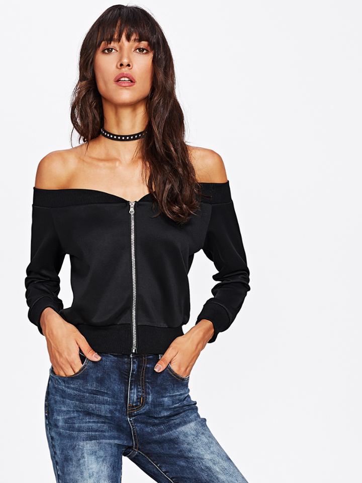 Romwe Off Shoulder Zip Up Jacket