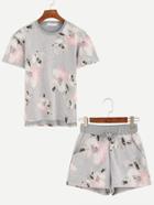 Romwe Grey Flower Print T-shirt With Drawstring Shorts