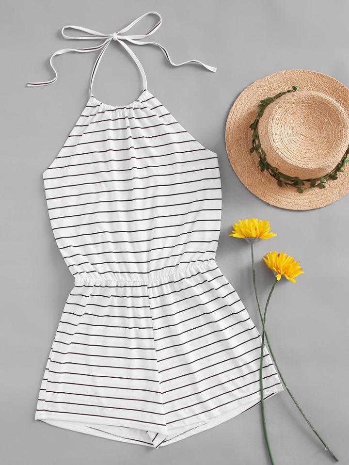 Romwe Striped Low Back Halter Romper