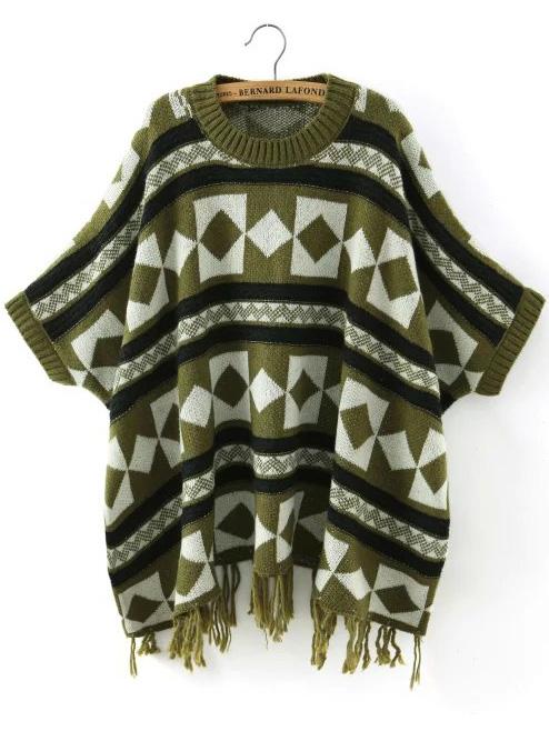 Romwe Geometric Print Fringe Dolman Green Sweater