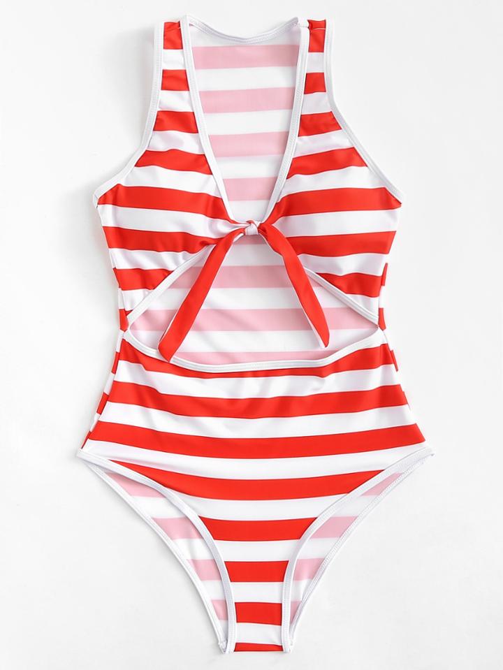 Romwe Knot Front Striped Swimsuit