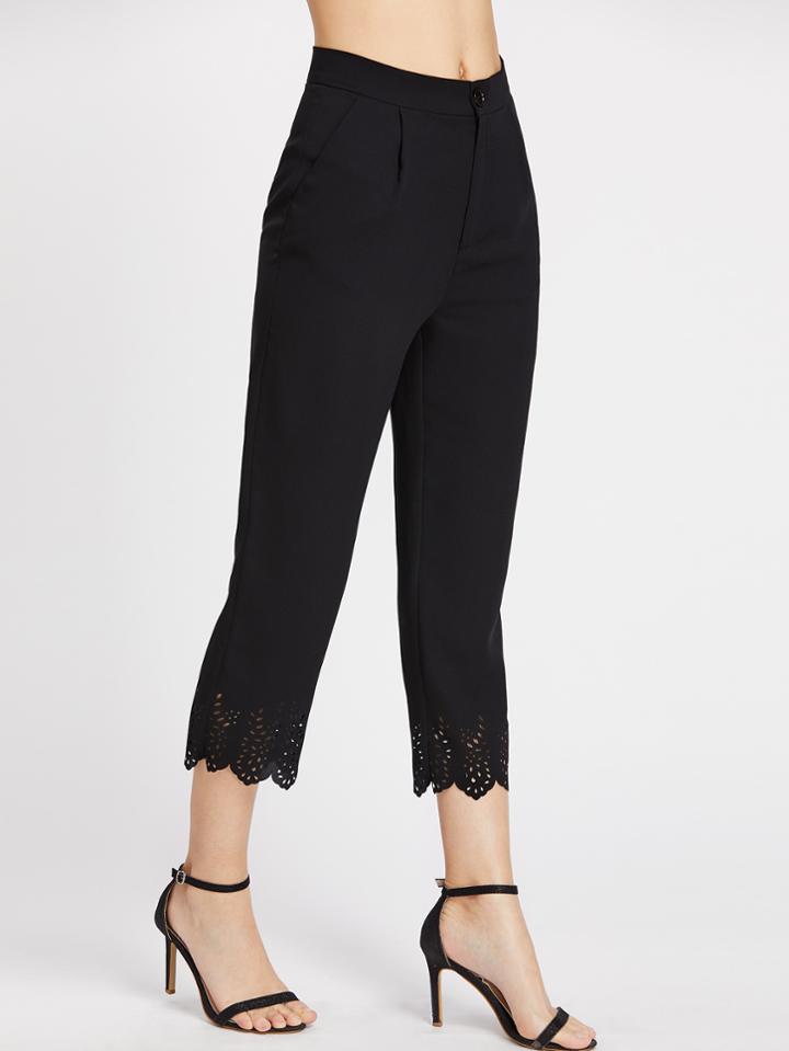 Romwe Laser Cut Scallop Hem Crop Tailored Pants