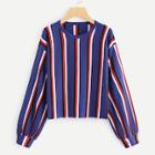 Romwe Lantern Sleeve Drop Shoulder Striped Sweater
