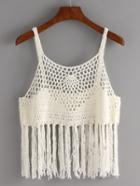 Romwe Fringe Trimmed Crop Crochet Cami Top - White