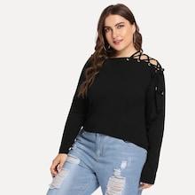Romwe Plus Solid Lace Up Tee