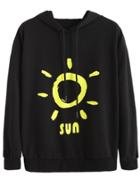 Romwe Black Sun Print Drawstring Hooded Sweatshirt