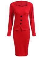 Romwe Red Sweetheart Button Business Pencil Dress
