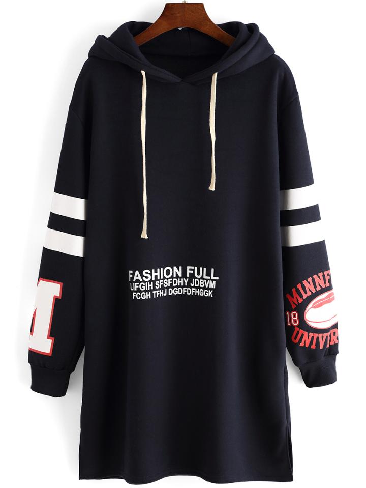 Romwe Hooded Drawstring Letter Print Slit Sweatshirt Dress