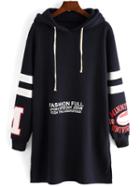 Romwe Hooded Drawstring Letter Print Slit Sweatshirt Dress