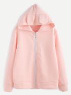 Romwe Pink Rabbit Ear Hooded Zipper Up Sweatshirt