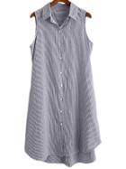 Romwe Light Blue Thin Stripe Buttons Front Shirt Dress