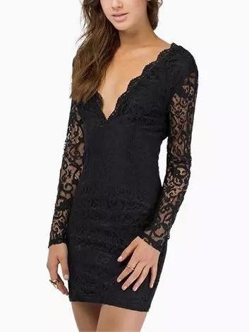 Romwe Deep V Neck Lace Zipper Sheath Black Dress