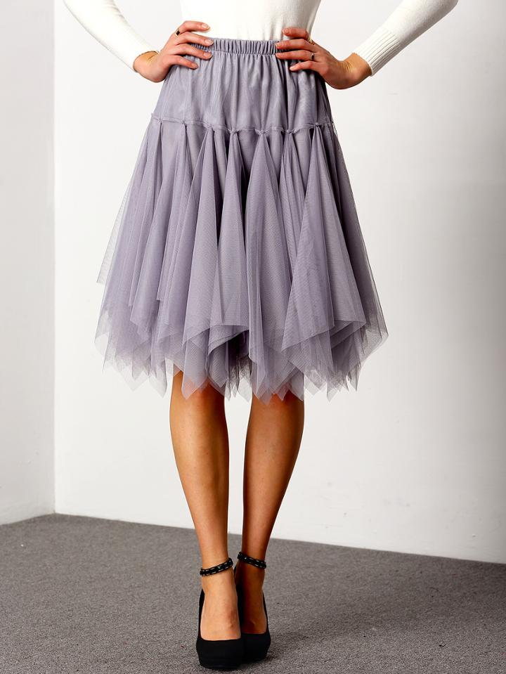 Romwe Elastic Waist Asymmetrical Pleated Mesh Grey Skirt