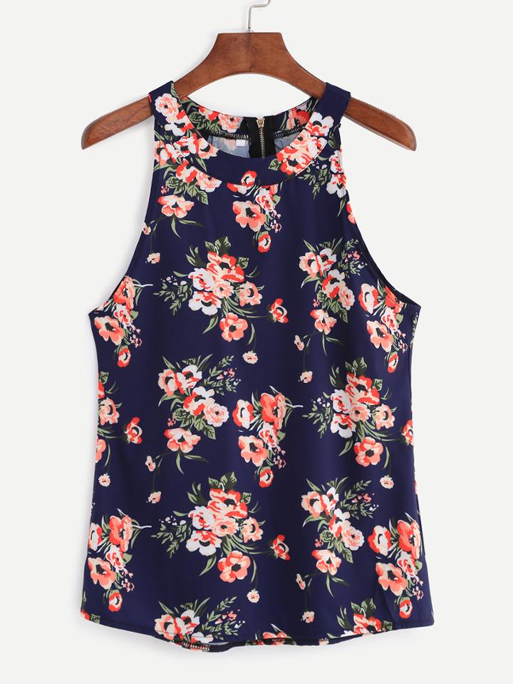 Romwe Navy Flower Print Halter Neck Top