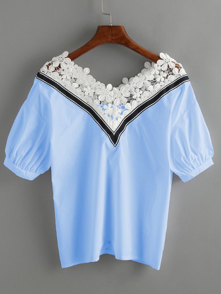 Romwe Blue Flower Crochet Trimmed Double V Neck Blouse