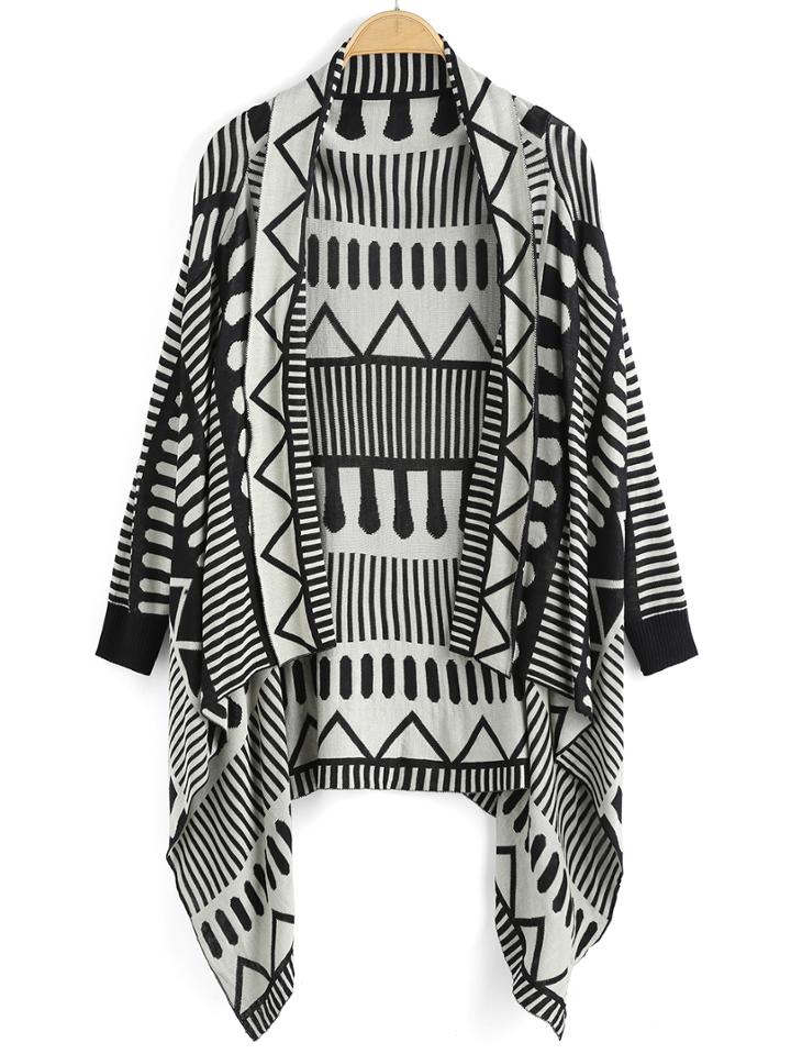 Romwe Geometric Print Dip Hem Loose Cardigan