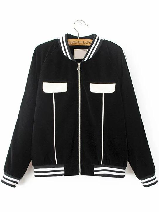 Romwe Black Striped Trim Zipper Up Baseball Jacket