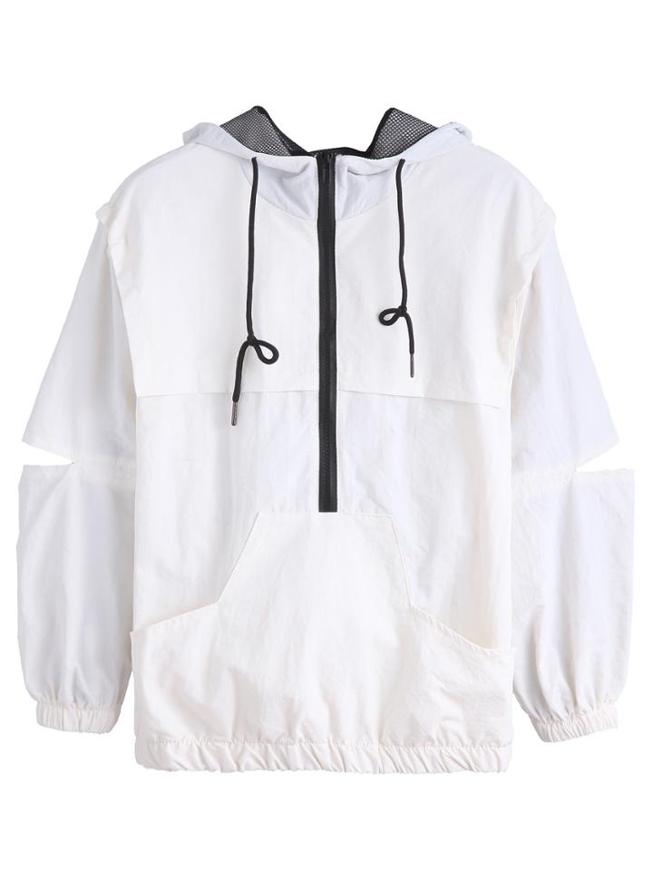 Romwe Ivory Contrast Zipper Cut Out Pocket Hooded Sweatshirt