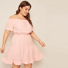 Romwe Plus Off Shoulder Lettuce Frill Knot Ruffle Hem Dress