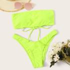 Romwe Neon Lime Lace-up Bandeau With High Cut Bikini Set