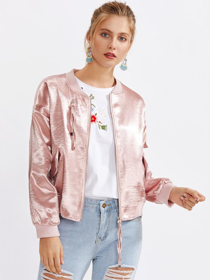 Romwe Drop Shoulder Metallic Bomber Zip Up Jacket