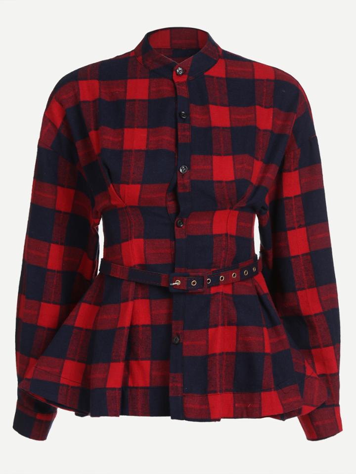 Romwe Check Plaid Stand Collar Peplum Top With Belt