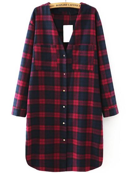 Romwe V Neck Plaid Red Shirt Dress