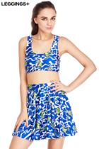 Romwe Leggings+ Alien Print Cropped Elastic Blue Vest