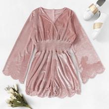 Romwe Cut Out V-neck Velvet Jumpsuit
