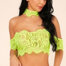 Romwe Neon Lime Lace-up Bardot Top With Choker