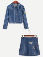 Romwe Blue Striped Embroidered Patches Top With Denim Skirt