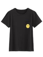 Romwe Black Smile Face Print Pocket T-shirt