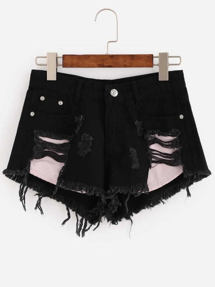 Romwe Black Distressed Denim Shorts With Stick Out Pockets