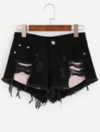 Romwe Black Distressed Denim Shorts With Stick Out Pockets