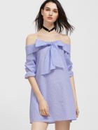 Romwe Blue And White Striped Bow Tie Fold Off The Shoulder Dress