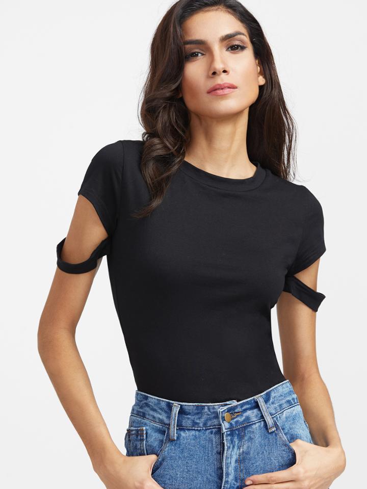 Romwe Black Ripped Sleeve T-shirt
