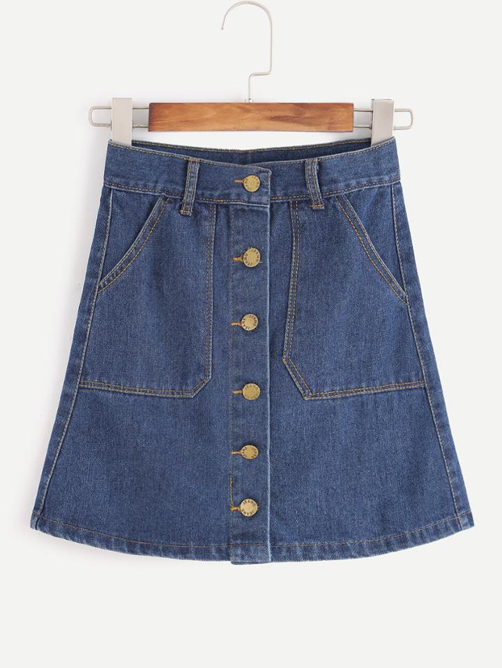 Romwe Blue Single Breasted Denim A Line Skirt