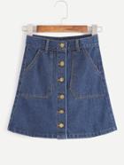 Romwe Blue Single Breasted Denim A Line Skirt