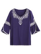 Romwe Navy Embroidery Tulip Sleeve Blouse