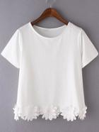 Romwe White Short Sleeve Flowers Hem Casual T-shirt