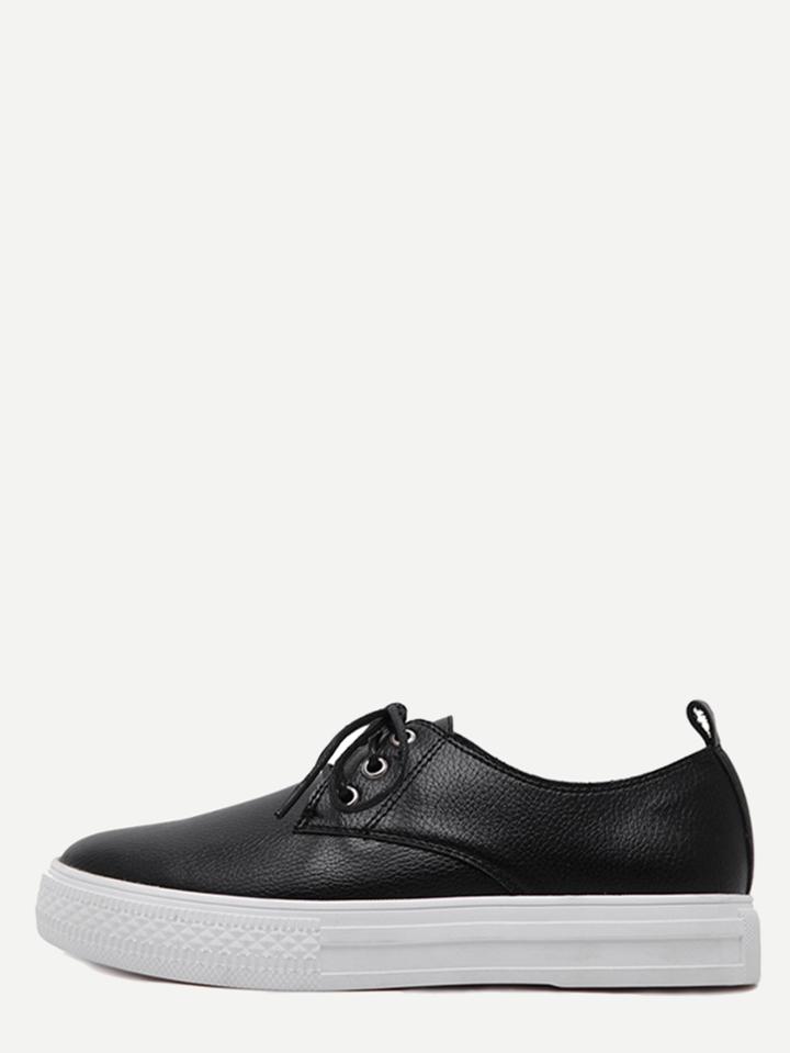 Romwe Black Round Toe Pebbled Lace Up Sneakers