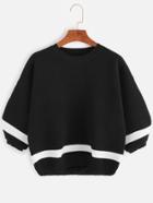 Romwe Black Striped Trim Drop Shoulder Sweater