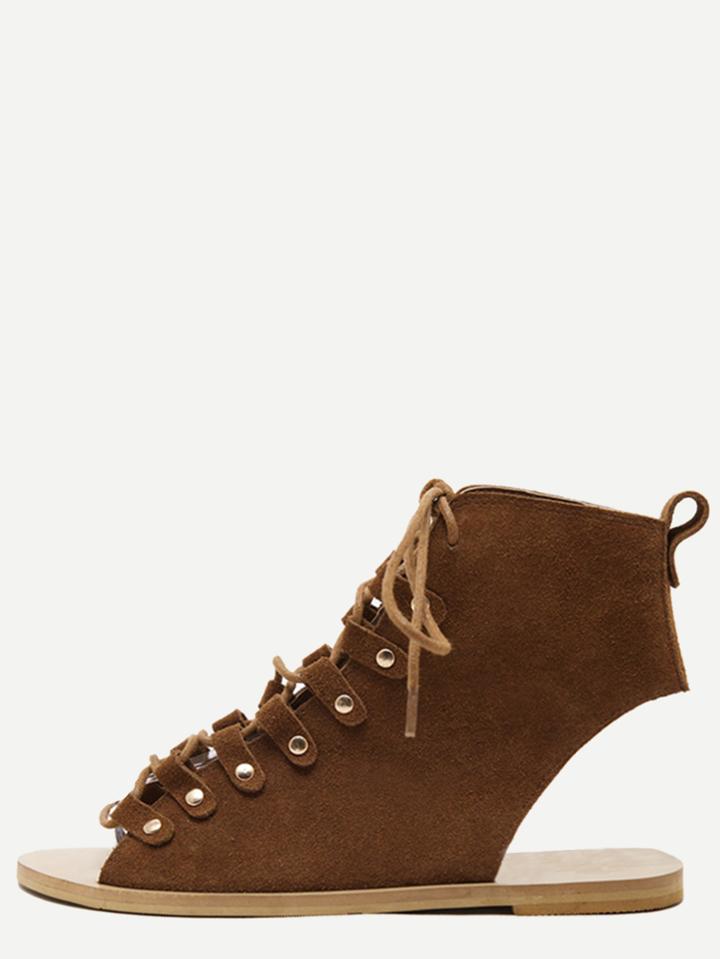Romwe Brown Peep Toe Lace-up Cutout Sandals