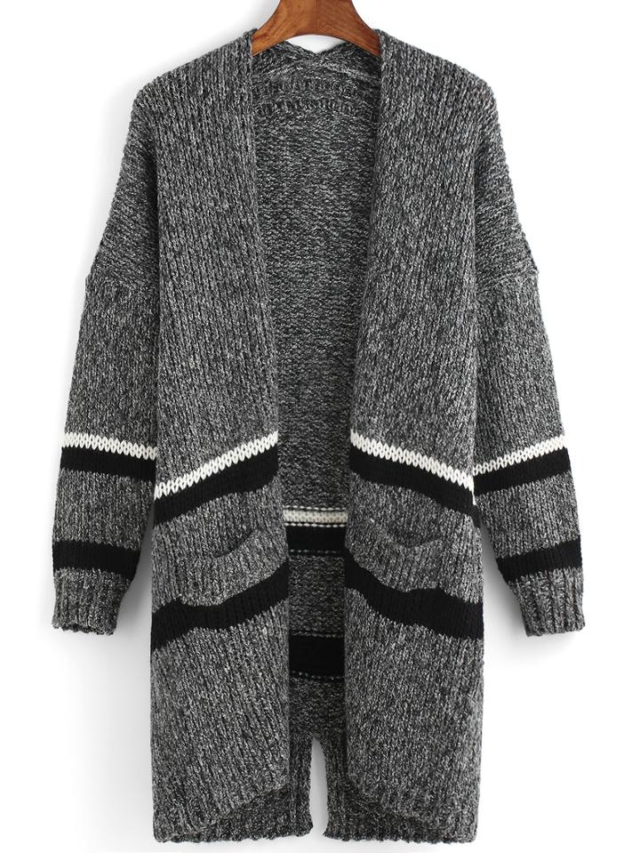 Romwe Striped Pockets Slit Back Coat