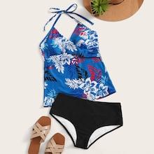 Romwe Tropical Halter Top With High Waist Tankini Set