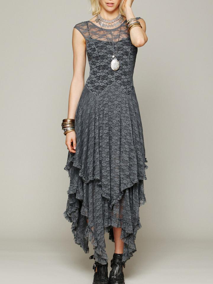 Romwe Lace Layered Asymmetrical Grey Dress