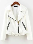 Romwe Lapel Zipper Belt White Jacket