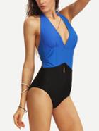 Romwe Contrast Deep-v Neck Cutout Bikini Set