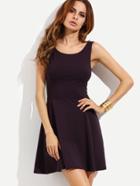 Romwe Plain Black V Back Sleeveless Flare Dress