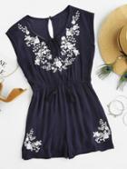 Romwe Embroidered Self Tie Keyhole Back Pleated Romper